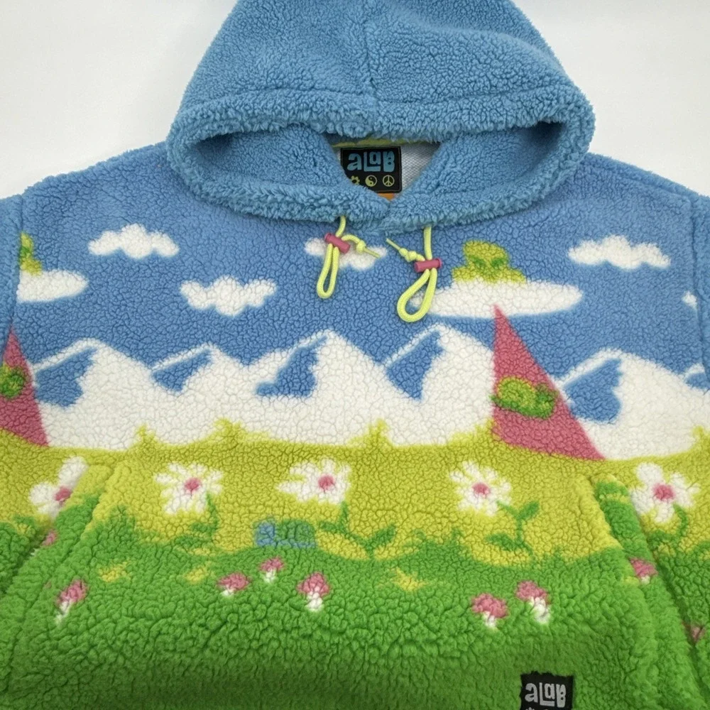 aLAB Hoodie Womens M Fleece Pullover Blue Green Scenic Graphic Cozy Sherpa - Picture 7 of 12
